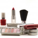 Different types of cosmetics on white background.